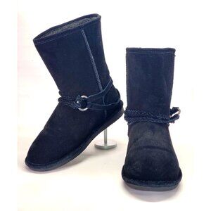 BearPaw Women's Adele Black Suede/Wool/Sheep Skin Boots with Straps Size 11 1079
